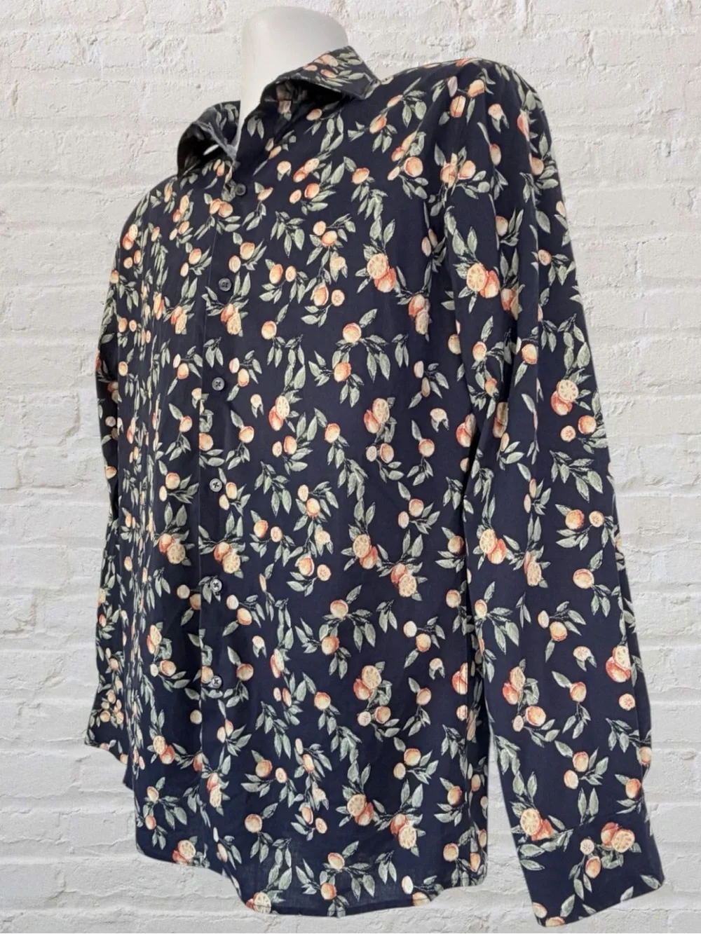 Bar III Mens M 15-15.5 Navy Orange Citrus Print Slim Fit Stretch Dress Shirt